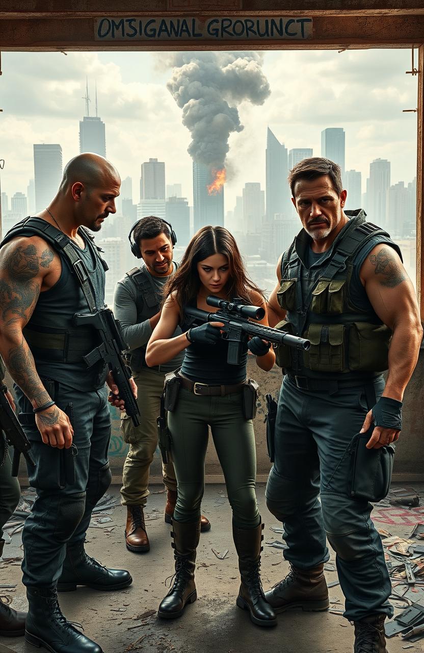 A group of rugged mercenaries in tactical gear, fiercely taking down a dystopian regime