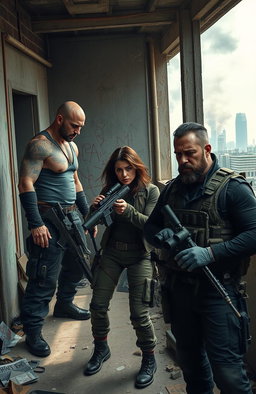 A group of rugged mercenaries in tactical gear, fiercely taking down a dystopian regime