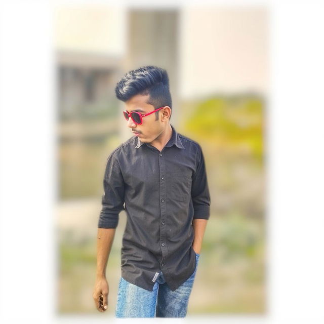 A young person wearing stylish sunglasses, casually standing in a vibrant outdoor setting