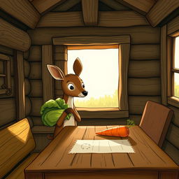 Inside a wooden cabin, a small brown deer holding a cabbage curiously gazes at a carrot on the table