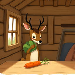 Inside a wooden cabin, a small brown deer holding a cabbage curiously gazes at a carrot on the table