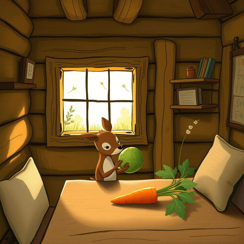 Inside a wooden cabin, a small brown deer holding a cabbage curiously gazes at a carrot on the table