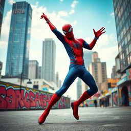 Spider-Man dancing joyfully in an urban environment, showcasing his iconic red and blue suit, with dynamic poses and energetic movements
