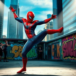 Spider-Man dancing joyfully in an urban environment, showcasing his iconic red and blue suit, with dynamic poses and energetic movements