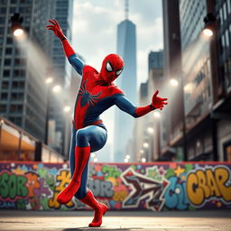 Spider-Man dancing joyfully in an urban environment, showcasing his iconic red and blue suit, with dynamic poses and energetic movements