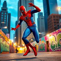 Spider-Man dancing joyfully in an urban environment, showcasing his iconic red and blue suit, with dynamic poses and energetic movements