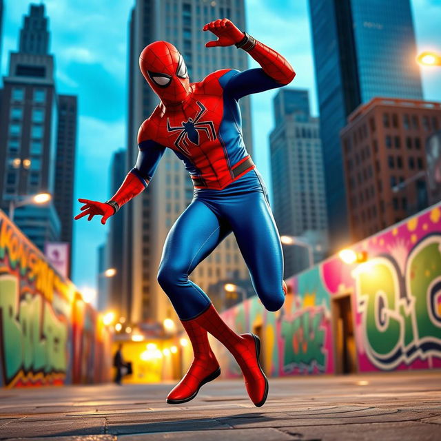 Spider-Man dancing joyfully in an urban environment, showcasing his iconic red and blue suit, with dynamic poses and energetic movements