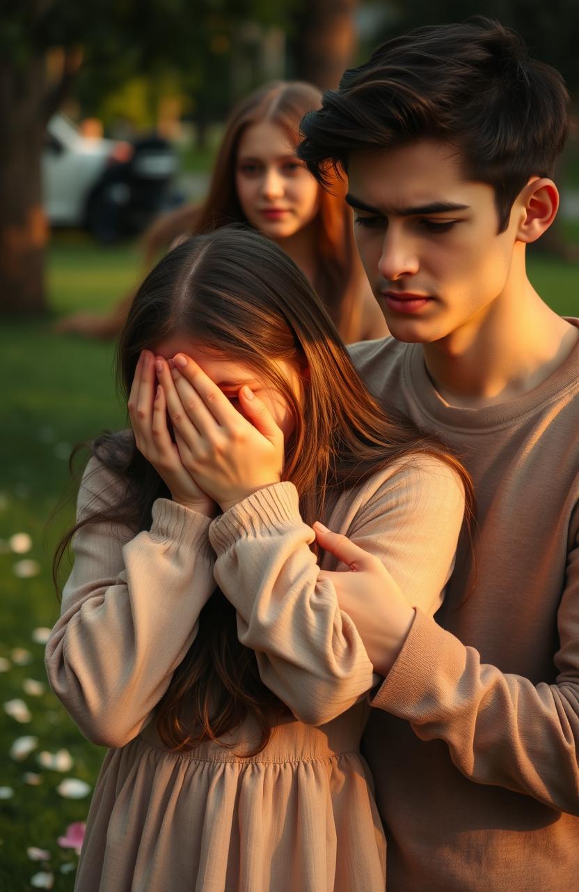 An emotional scene featuring a girl crying while covering her face with her hands, expressing deep sadness