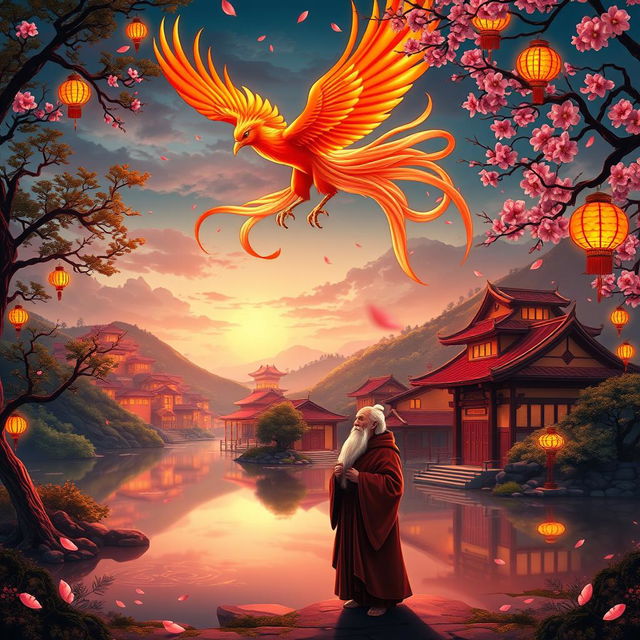 An enchanting digital storybook cover inspired by an ancient Chinese tale, featuring a warm red theme