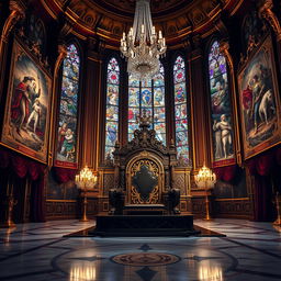 A majestic royal throne room, lavishly decorated with ornate golden details and rich fabrics