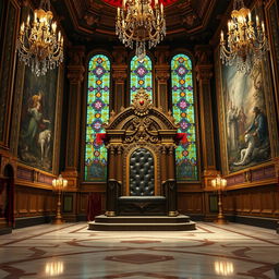 A majestic royal throne room, lavishly decorated with ornate golden details and rich fabrics