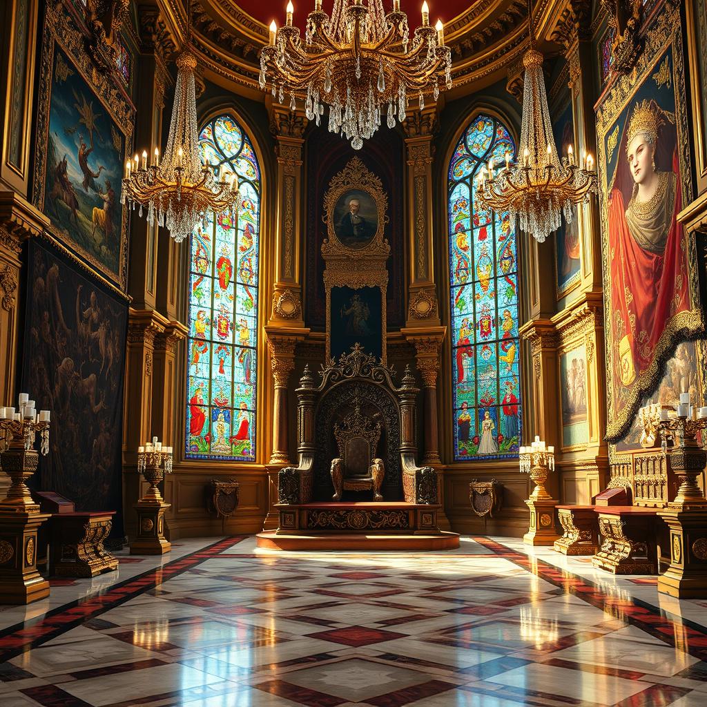A majestic royal throne room, lavishly decorated with ornate golden details and rich fabrics