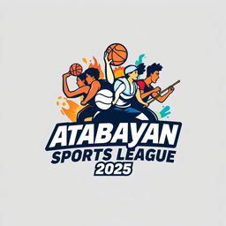A dynamic and creative logo for the 'Atabayan Sports League 2025' that showcases an energetic fusion of basketball, volleyball, takraw, and billiards