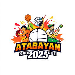 A dynamic and creative logo for the 'Atabayan Sports League 2025' that showcases an energetic fusion of basketball, volleyball, takraw, and billiards
