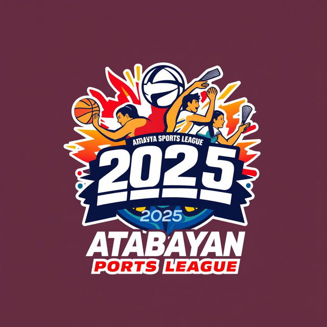 A dynamic and creative logo for the 'Atabayan Sports League 2025' that showcases an energetic fusion of basketball, volleyball, takraw, and billiards