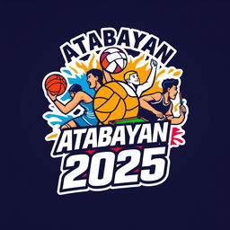 A dynamic and creative logo for the 'Atabayan Sports League 2025' that showcases an energetic fusion of basketball, volleyball, takraw, and billiards