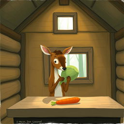 Inside a wooden cabin, a small brown deer holding a head of cabbage curiously gazes at a carrot sitting on the table