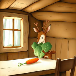 Inside a wooden cabin, a small brown deer holding a head of cabbage curiously gazes at a carrot sitting on the table