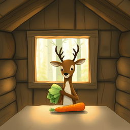 Inside a wooden cabin, a small brown deer holding a head of cabbage curiously gazes at a carrot sitting on the table