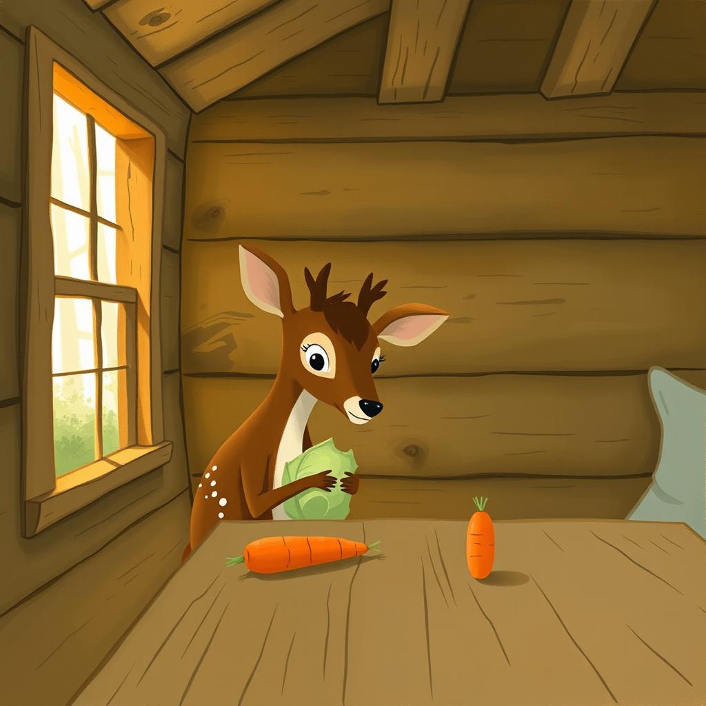 Inside a wooden cabin, a small brown deer holding a head of cabbage curiously gazes at a carrot sitting on the table