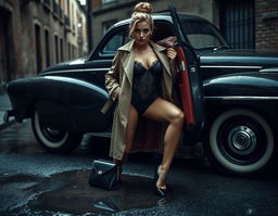 A seductive and suggestive fashion shoot featuring a sexy blonde model with her hair in a bun and captivating blue eyes