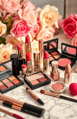 An aesthetically pleasing display of vibrant cosmetics including lipsticks, eyeshadows, blushes, and nail polishes arranged elegantly on a marble countertop
