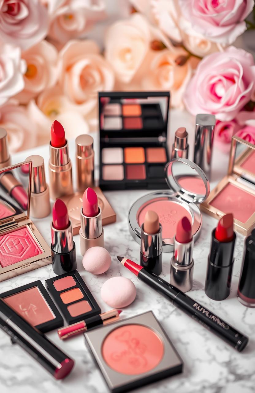 An aesthetically pleasing display of vibrant cosmetics including lipsticks, eyeshadows, blushes, and nail polishes arranged elegantly on a marble countertop