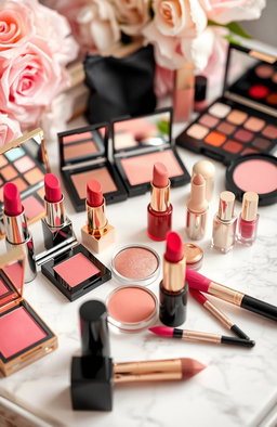 An aesthetically pleasing display of vibrant cosmetics including lipsticks, eyeshadows, blushes, and nail polishes arranged elegantly on a marble countertop
