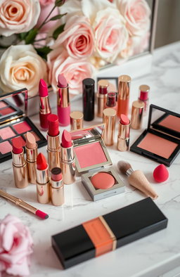 An aesthetically pleasing display of vibrant cosmetics including lipsticks, eyeshadows, blushes, and nail polishes arranged elegantly on a marble countertop