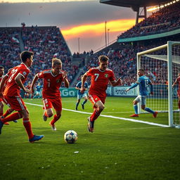 A dramatic football match scene, depicting two teams in an intense game
