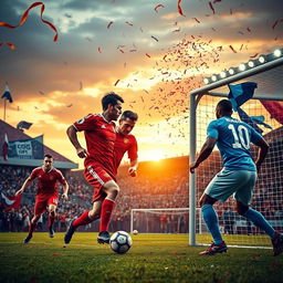 A dramatic football match scene, depicting two teams in an intense game