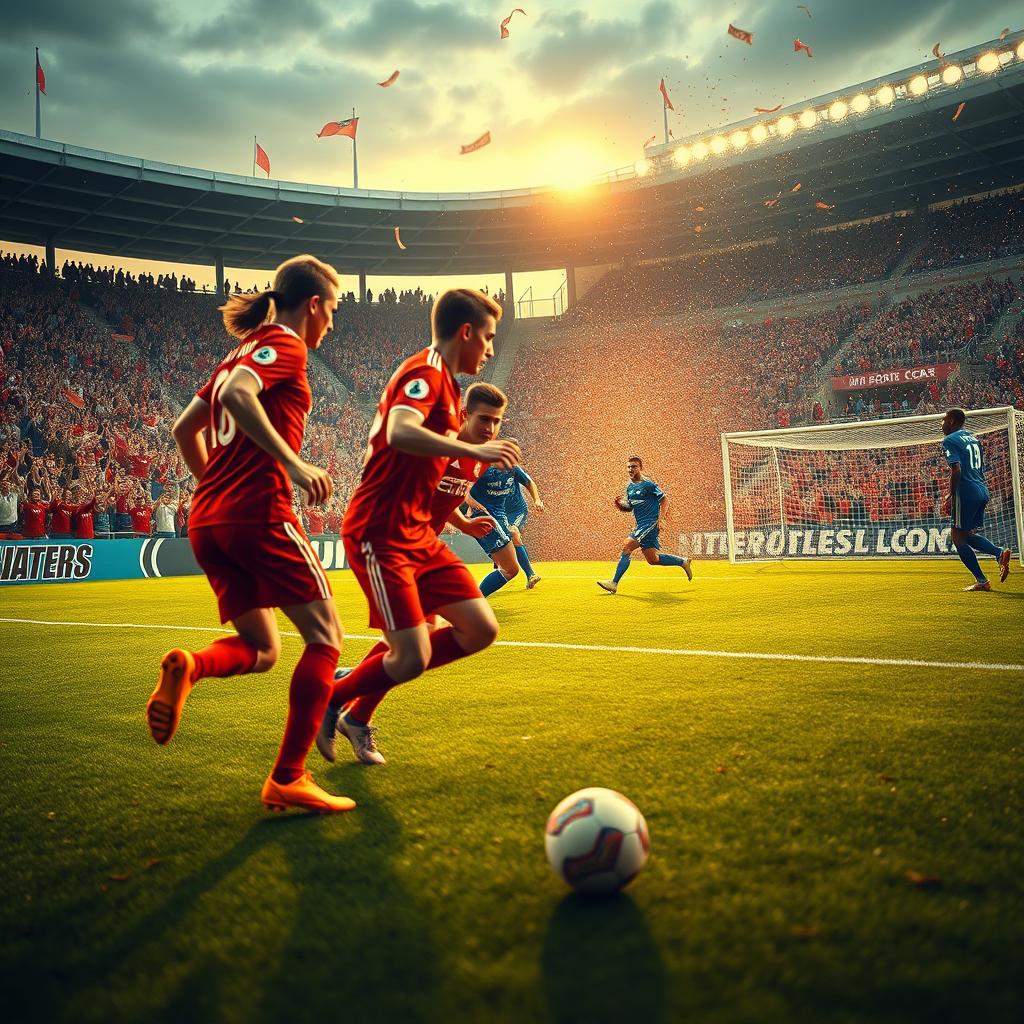 A dramatic football match scene, depicting two teams in an intense game