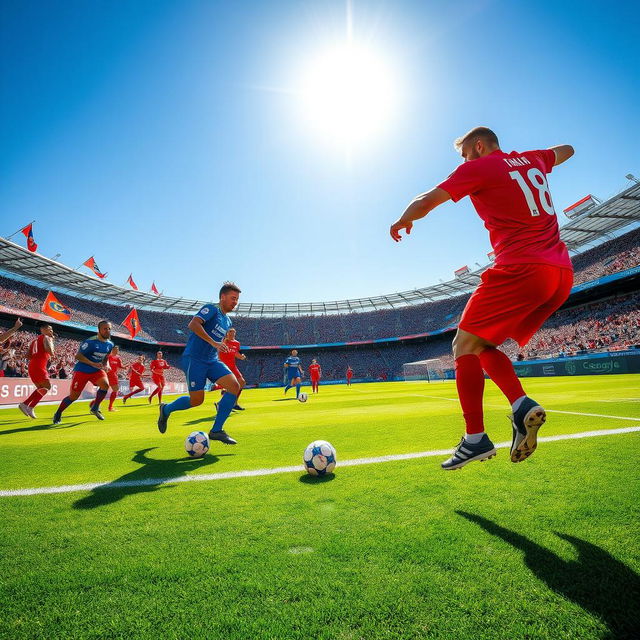 A dynamic scene of a football match in action, showcasing two teams in vibrant uniforms, one in bright blue and the other in vivid red