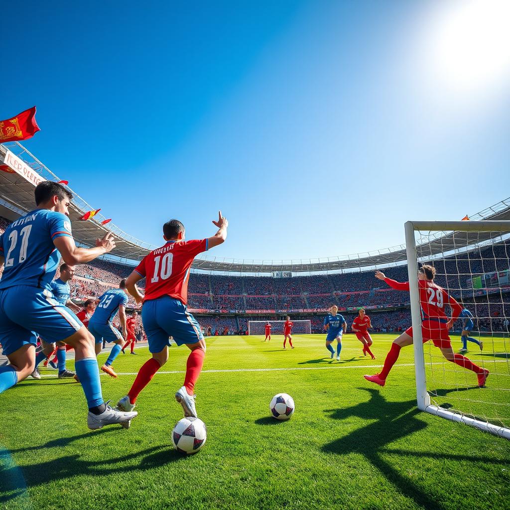 A dynamic scene of a football match in action, showcasing two teams in vibrant uniforms, one in bright blue and the other in vivid red