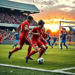 A dramatic football match scene, depicting two teams in an intense game