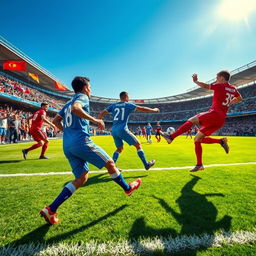 A dynamic scene of a football match in action, showcasing two teams in vibrant uniforms, one in bright blue and the other in vivid red