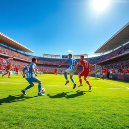 A dynamic scene of a football match in action, showcasing two teams in vibrant uniforms, one in bright blue and the other in vivid red