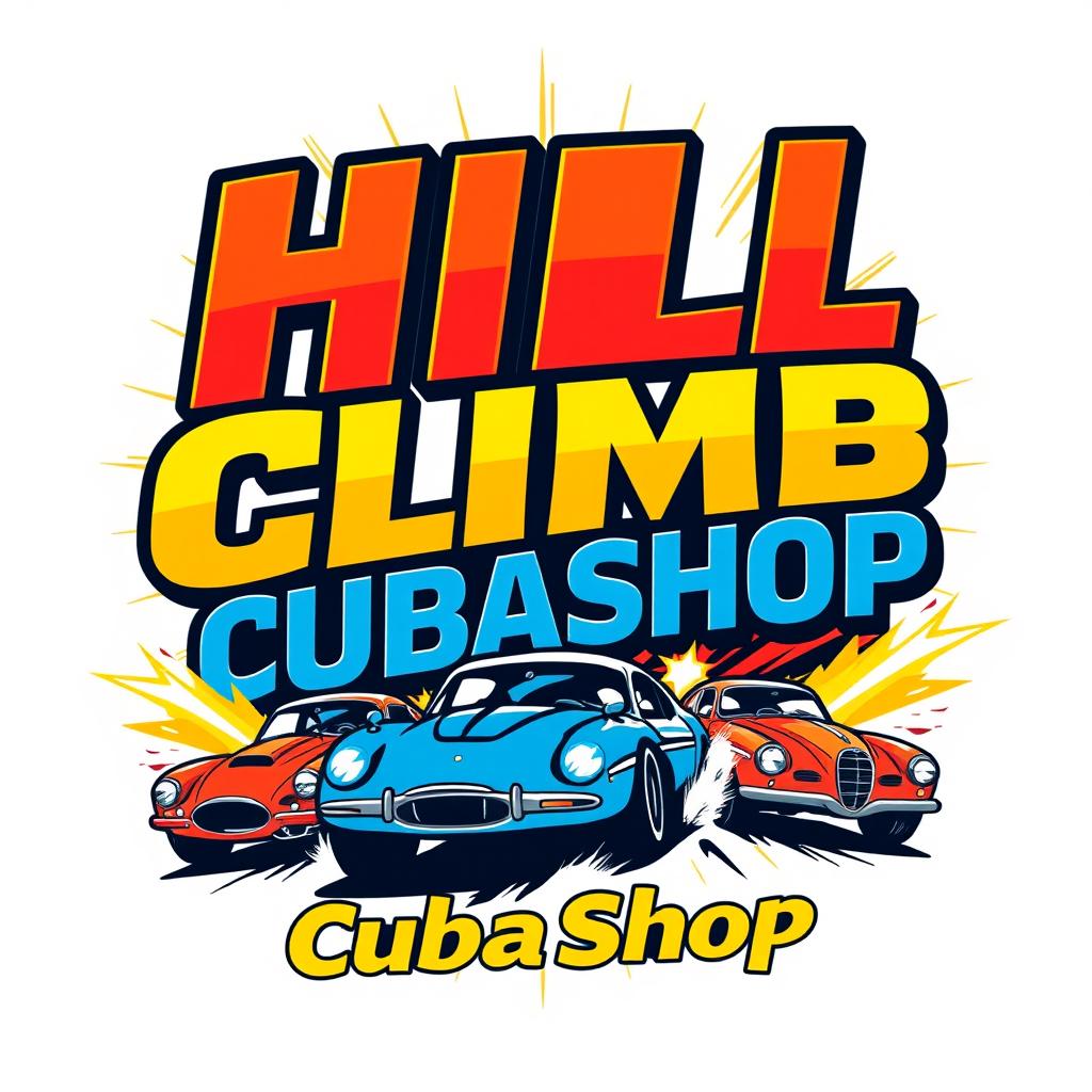 A vibrant and dynamic logo featuring the text 'Hill Climb CubaShop' in bold, eye-catching typography