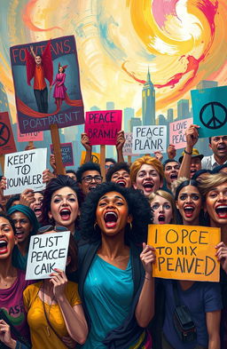 A vibrant digital painting depicting a diverse group of people passionately protesting, expressing their concerns about the current global situation