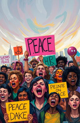 A vibrant digital painting depicting a diverse group of people passionately protesting, expressing their concerns about the current global situation