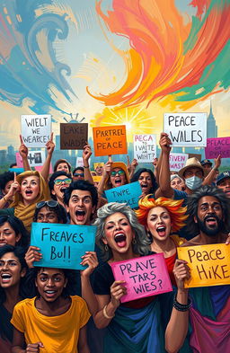 A vibrant digital painting depicting a diverse group of people passionately protesting, expressing their concerns about the current global situation