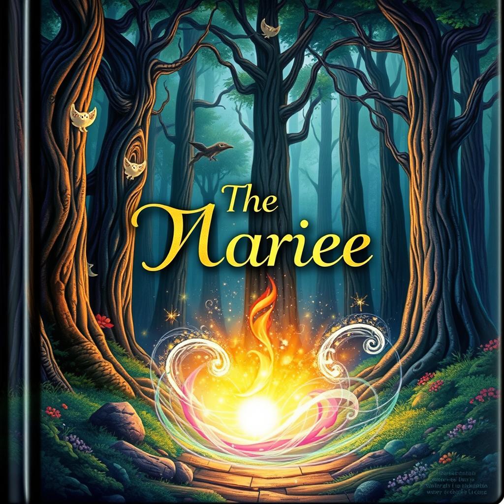 An enchanting book cover featuring a mystical forest with tall, ancient trees and glowing magical creatures peeking through the foliage