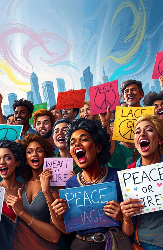 A vibrant digital painting depicting a diverse group of people passionately protesting, expressing their concerns about the current global situation