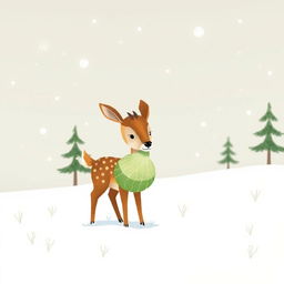 In a snowy landscape, a small brown deer holds a cabbage in its mouth, surrounded by softly falling snowflakes