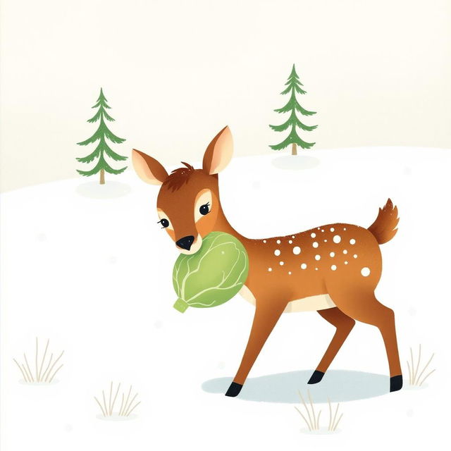 In a snowy landscape, a small brown deer holds a cabbage in its mouth, surrounded by softly falling snowflakes