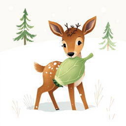 In a snowy landscape, a small brown deer holds a cabbage in its mouth, surrounded by softly falling snowflakes