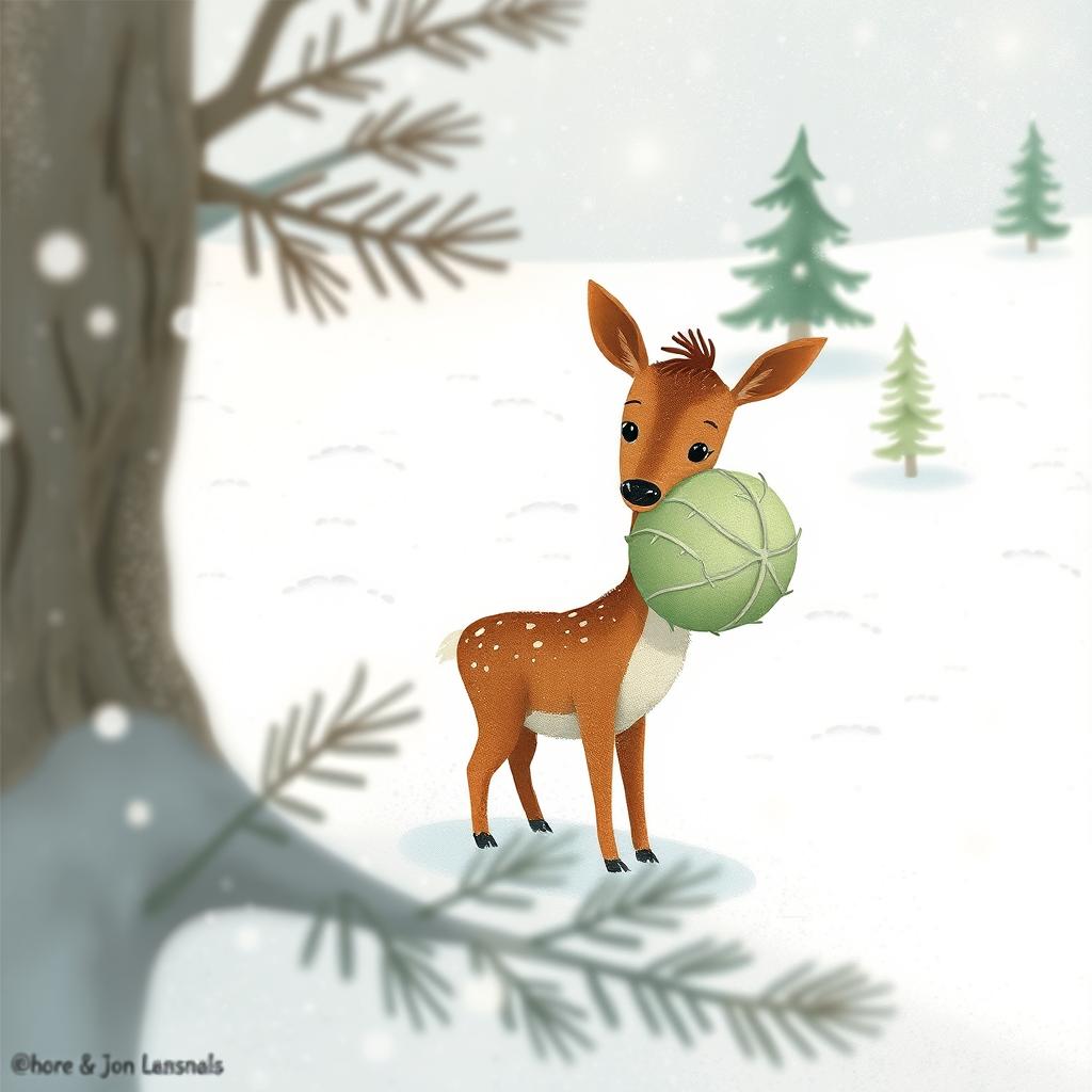 In a snowy landscape, a small brown deer holds a cabbage in its mouth, surrounded by softly falling snowflakes