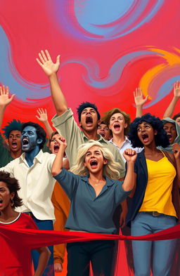 A vibrant digital painting of an abstract scene depicting a diverse group of people passionately protesting