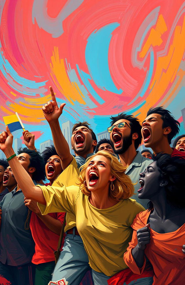 A vibrant digital painting of an abstract scene depicting a diverse group of people passionately protesting