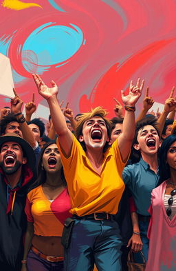 A vibrant digital painting of an abstract scene depicting a diverse group of people passionately protesting